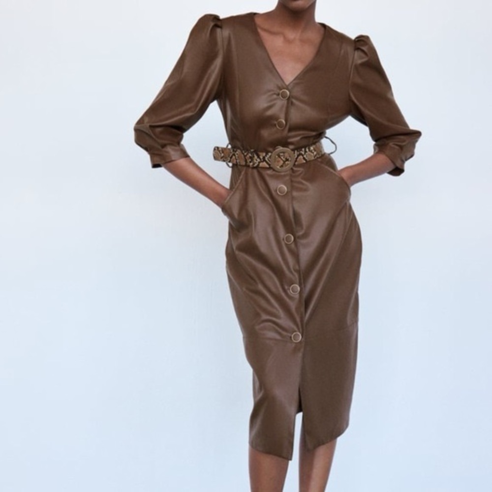 Zara Belted Faux Leather Midi Dress L ( NO BELT )